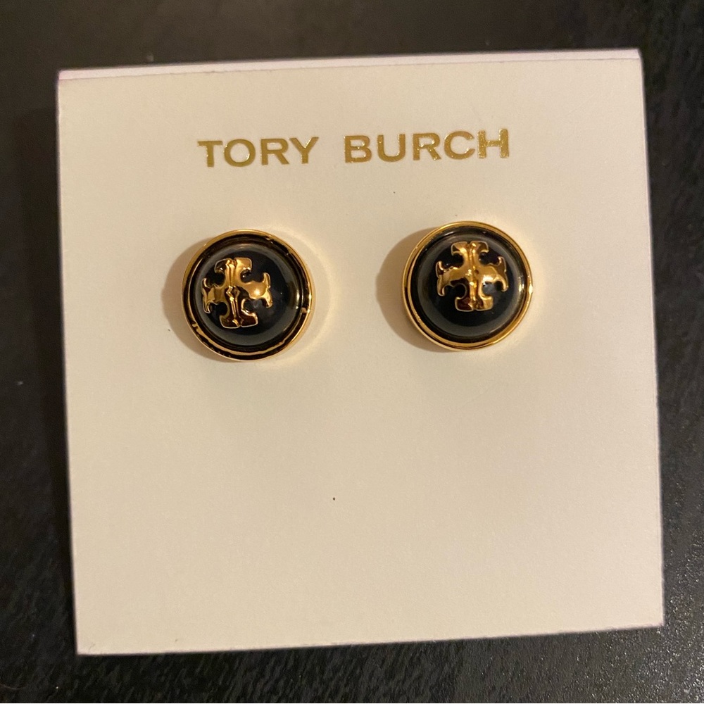 BRAND NEW Tory Burch Black&Gold Logo Earrings